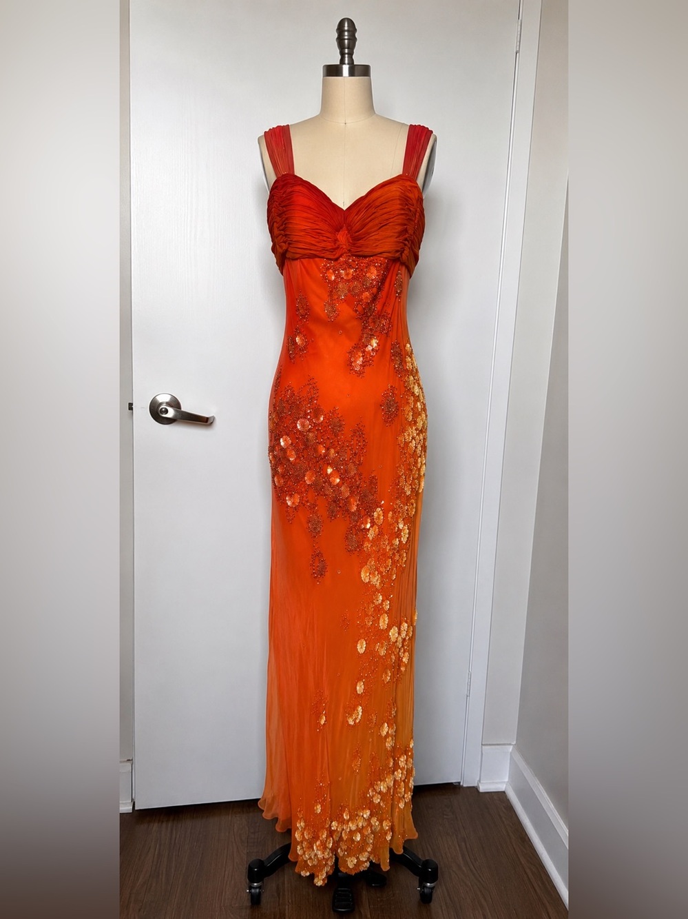 Hand-Embellished Orange Sequin Maxi Dress